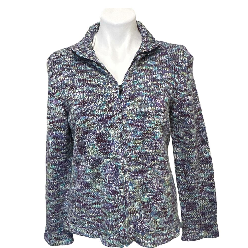Kintamani Zip Sweater Jacket Women M Purple Teal Multicolor Chunky Knit Marled